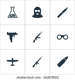 Set Of 9 Simple Terror Icons. Can Be Found Such Elements As Field Glasses, Kalashnikov, Ammunition And Other.