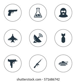 Set Of 9 Simple Terror Icons. Can Be Found Such Elements As Nuke, Sky Force, Rifle Gun And Other.