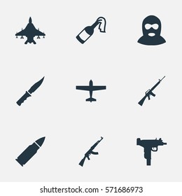 Set Of 9 Simple Terror Icons. Can Be Found Such Elements As Kalashnikov, Sky Force, Molotov And Other.