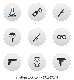 Set Of 9 Simple Terror Icons. Can Be Found Such Elements As Firearm, Kalashnikov, Rifle Gun And Other.