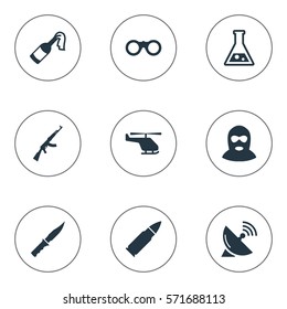 Set Of 9 Simple Terror Icons. Can Be Found Such Elements As Terrorist, Chemistry, Helicopter And Other.