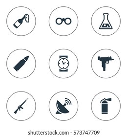 Set Of 9 Simple Terror Icons. Can Be Found Such Elements As Firearm, Field Glasses, Rifle Gun And Other.