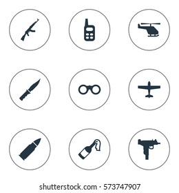 Set Of 9 Simple Terror Icons. Can Be Found Such Elements As Firearm, Walkies, Air Bomber And Other.