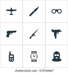 Set Of 9 Simple Terror Icons. Can Be Found Such Elements As Walkies, Rifle Gun, Watch And Other.