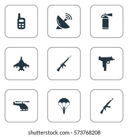 Set Of 9 Simple Terror Icons. Can Be Found Such Elements As Rifle Gun, Firearm, Paratrooper And Other.