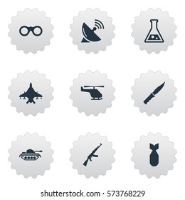 Set Of 9 Simple Terror Icons. Can Be Found Such Elements As Nuke, Heavy Weapon, Cold Weapon And Other.
