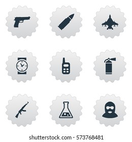 Set Of 9 Simple Terror Icons. Can Be Found Such Elements As Pistol, Walkies, Sky Force And Other.