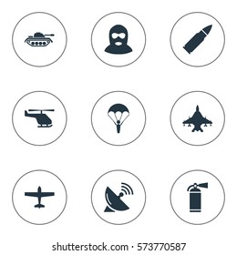Set Of 9 Simple Terror Icons. Can Be Found Such Elements As Extinguisher, Air Bomber, Signal Receiver And Other.