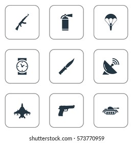 Set Of 9 Simple Terror Icons. Can Be Found Such Elements As Paratrooper, Kalashnikov, Cold Weapon And Other.