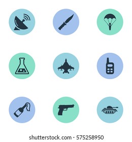 Set Of 9 Simple Terror Icons. Can Be Found Such Elements As Paratrooper, Heavy Weapon, Pistol And Other.
