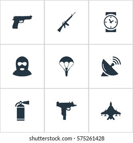 Set Of 9 Simple Terror Icons. Can Be Found Such Elements As Sky Force, Signal Receiver, Watch And Other.