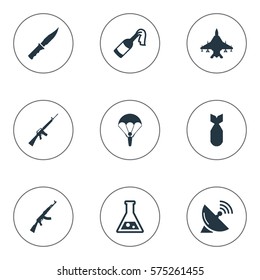 Set Of 9 Simple Terror Icons. Can Be Found Such Elements As Rifle Gun, Kalashnikov, Cold Weapon And Other.