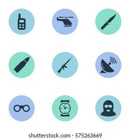 Set Of 9 Simple Terror Icons. Can Be Found Such Elements As Field Glasses, Walkies, Signal Receiver And Other.
