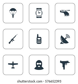 Set Of 9 Simple Terror Icons. Can Be Found Such Elements As Terrorist, Watch, Walkies And Other. Set Of 9 Simple Terror Icons. Can Be Found Such Elements As Terrorist, Watch, Walkies And Other.