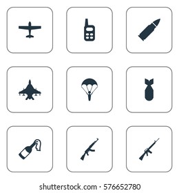 Set Of 9 Simple Terror Icons. Can Be Found Such Elements As Kalashnikov, Walkies, Air Bomber And Other.
