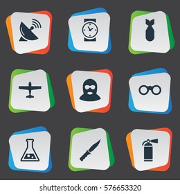 Set Of 9 Simple Terror Icons. Can Be Found Such Elements As Nuke, Terrorist, Signal Receiver And Other.