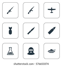 Set Of 9 Simple Terror Icons. Can Be Found Such Elements As Chemistry, Ammunition, Kalashnikov And Other.