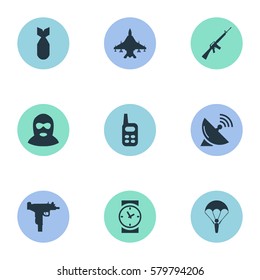 Set Of 9 Simple Terror Icons. Can Be Found Such Elements As Watch, Nuke, Paratrooper And Other.