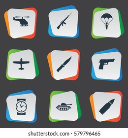 Set Of 9 Simple Terror Icons. Can Be Found Such Elements As Rifle Gun, Helicopter, Paratrooper And Other.