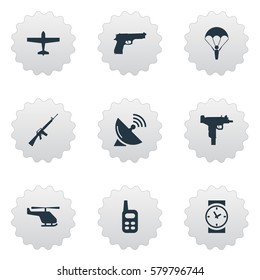 Set Of 9 Simple Terror Icons. Can Be Found Such Elements As Pistol, Helicopter, Air Bomber And Other.
