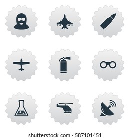 Set Of 9 Simple Terror Icons. Can Be Found Such Elements As Terrorist, Air Bomber, Field Glasses And Other.