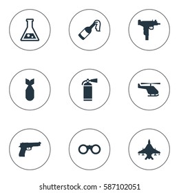 Set Of 9 Simple Terror Icons. Can Be Found Such Elements As Helicopter, Extinguisher, Nuke And Other.