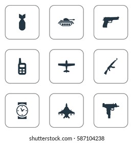 Set Of 9 Simple Terror Icons. Can Be Found Such Elements As Air Bomber, Walkies, Pistol And Other.