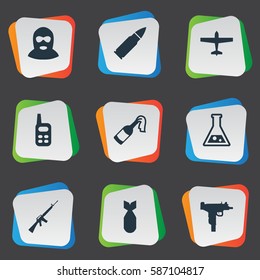Set Of 9 Simple Terror Icons. Can Be Found Such Elements As Terrorist, Molotov, Nuke And Other.