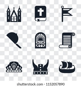 Set Of 9 simple transparency icons such as Ship, Viking, Crown, Scroll, Stained glass window, Hat, Flag, Bible, Church, can be used for mobile, pixel perfect vector icon pack on transparent