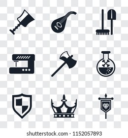 Set Of 9 simple transparency icons such as Banner, Crown, Shield, Poison, Axe, Sewing machine, Tools, Lute, Cup, can be used for mobile, pixel perfect vector icon pack on transparent background