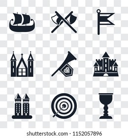 Set Of 9 simple transparency icons such as Goblet, Archery, Tower, Castle, Fanfare, Church, Flag, Axes, Ship, can be used for mobile, pixel perfect vector icon pack on transparent background
