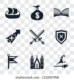 Set Of 9 simple transparency icons such as Witch, Church, Flag, Shield, Swords, Lance, Bridge, Money bag, Ship, can be used for mobile, pixel perfect vector icon pack on transparent background