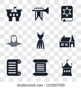 Set Of 9 simple transparency icons such as Tent, Scroll, House, Gown, Coif, Spellbook, Fanfare, Castle, can be used for mobile, pixel perfect vector icon pack on transparent background
