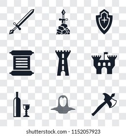 Set Of 9 simple transparency icons such as Axe, Coif, Wine, Castle, Tower, Scroll, Shield, Excalibur, Sword, can be used for mobile, pixel perfect vector icon pack on transparent background