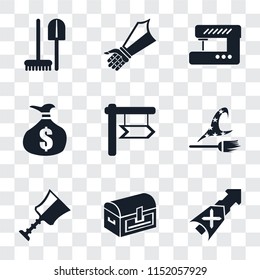 Set Of 9 simple transparency icons such as Lance, Chest, Cup, Witch, Money bag, Sewing machine, Gauntlet, Tools, can be used for mobile, pixel perfect vector icon pack on transparent background