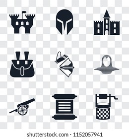 Set Of 9 simple transparency icons such as Water well, Scroll, Cannon, Coif, Crossbow, Belt pouch, Castle, Helmet, can be used for mobile, pixel perfect vector icon pack on transparent