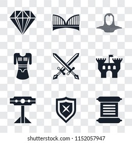 Set Of 9 simple transparency icons such as Scroll, Shield, Pillory, Castle, Swords, Tunic, Coif, Bridge, Jewelry, can be used for mobile, pixel perfect vector icon pack on transparent background
