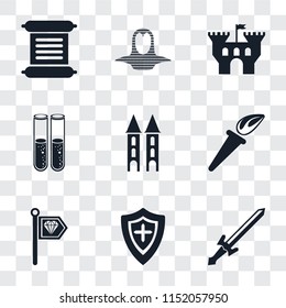 Set Of 9 simple transparency icons such as Sword, Shield, Standard, Torch, Tower, Alchemy, Castle, Coif, Scroll, can be used for mobile, pixel perfect vector icon pack on transparent background