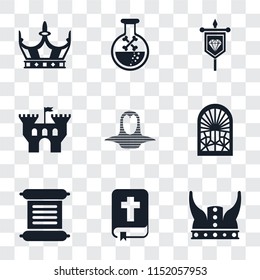 Set Of 9 simple transparency icons such as Viking, Bible, Scroll, Stained glass window, Coif, Castle, Banner, Poison, Crown, can be used for mobile, pixel perfect vector icon pack on transparent