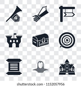 Set Of 9 simple transparency icons such as Castle, Coif, Scroll, Archery, Chest, Gauntlet, Fanfare, can be used for mobile, pixel perfect vector icon pack on transparent background