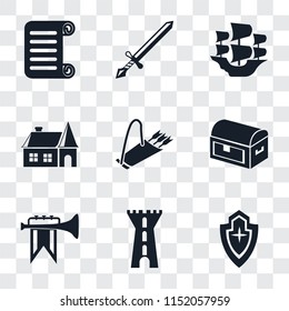 Set Of 9 simple transparency icons such as Shield, Tower, Fanfare, Chest, Quiver, House, Caravel, Sword, Scroll, can be used for mobile, pixel perfect vector icon pack on transparent background