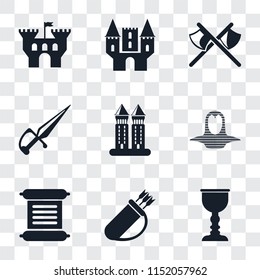 Set Of 9 simple transparency icons such as Goblet, Quiver, Scroll, Coif, Tower, Dagger, Axes, Castle, can be used for mobile, pixel perfect vector icon pack on transparent background