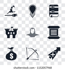 Set Of 9 simple transparency icons such as Lance, Bow and arrow, Money bag, Scroll, Coif, Castle, Book, Necklace, Witch, can be used for mobile, pixel perfect vector icon pack on transparent