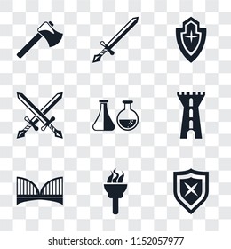 Set Of 9 simple transparency icons such as Shield, Torch, Bridge, Tower, Alchemy, Swords, Sword, Axe, can be used for mobile, pixel perfect vector icon pack on transparent background