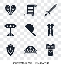 Set Of 9 simple transparency icons such as Tunic, Crown, Shield, Tower, Hat, Pillory, Sword, Scroll, Jewelry, can be used for mobile, pixel perfect vector icon pack on transparent background