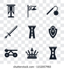 Set Of 9 simple transparency icons such as Tower, Crown, Trebuchet, Shield, Sword, Morning star, Flag, Standard, can be used for mobile, pixel perfect vector icon pack on transparent