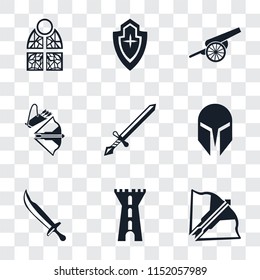 Set Of 9 simple transparency icons such as Crossbow, Tower, Sword, Helmet, Cannon, Shield, Stained glass, can be used for mobile, pixel perfect vector icon pack on transparent