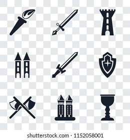 Set Of 9 simple transparency icons such as Goblet, Tower, Axes, Shield, Sword, Torch, can be used for mobile, pixel perfect vector icon pack on transparent background