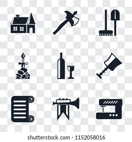 Set Of 9 simple transparency icons such as Sewing machine, Fanfare, Scroll, Cup, Wine, Excalibur, Tools, Axe, House, can be used for mobile, pixel perfect vector icon pack on transparent background