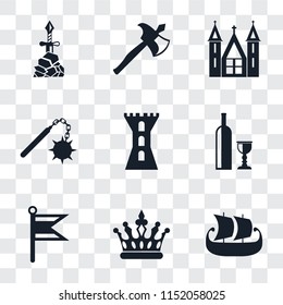 Set Of 9 simple transparency icons such as Ship, Crown, Flag, Wine, Tower, Morning star, Church, Axe, Excalibur, can be used for mobile, pixel perfect vector icon pack on transparent background